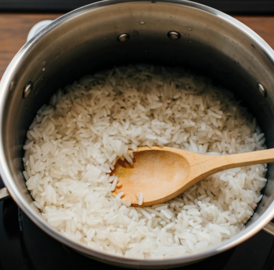 cooking rice in a pot