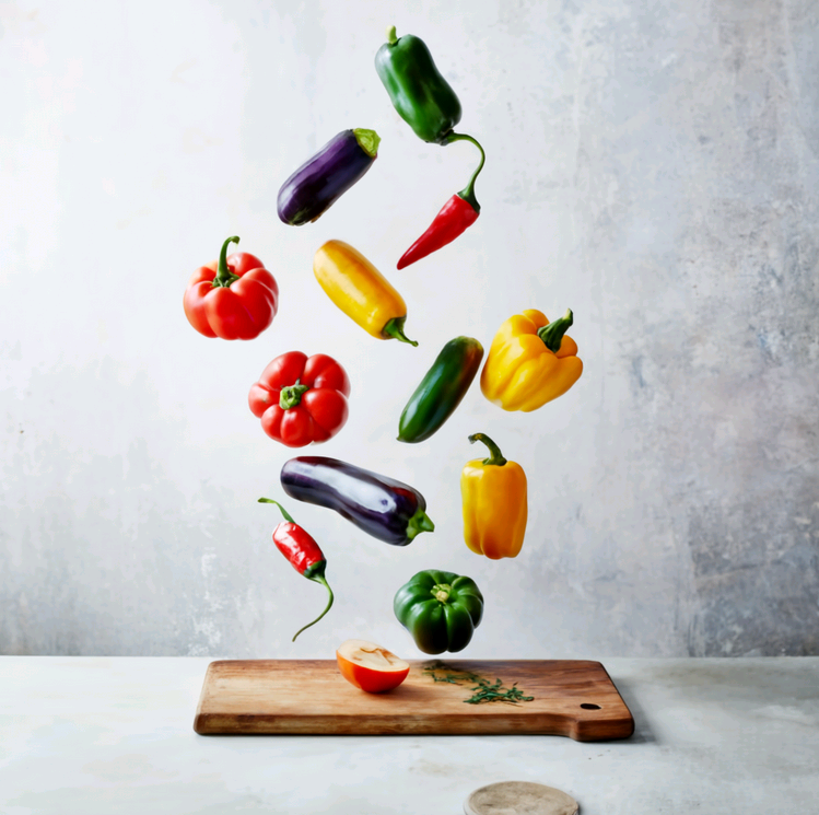 Vegetables Flying Off the Cutting Board